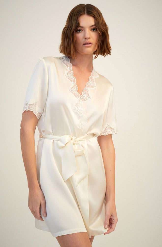 The Silk Short Wrap Gown with Lace Trim By GINIA In Creme