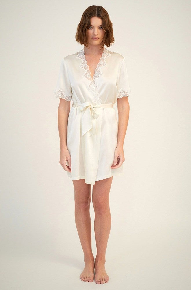 The Silk Short Wrap Gown with Lace Trim By GINIA In Creme