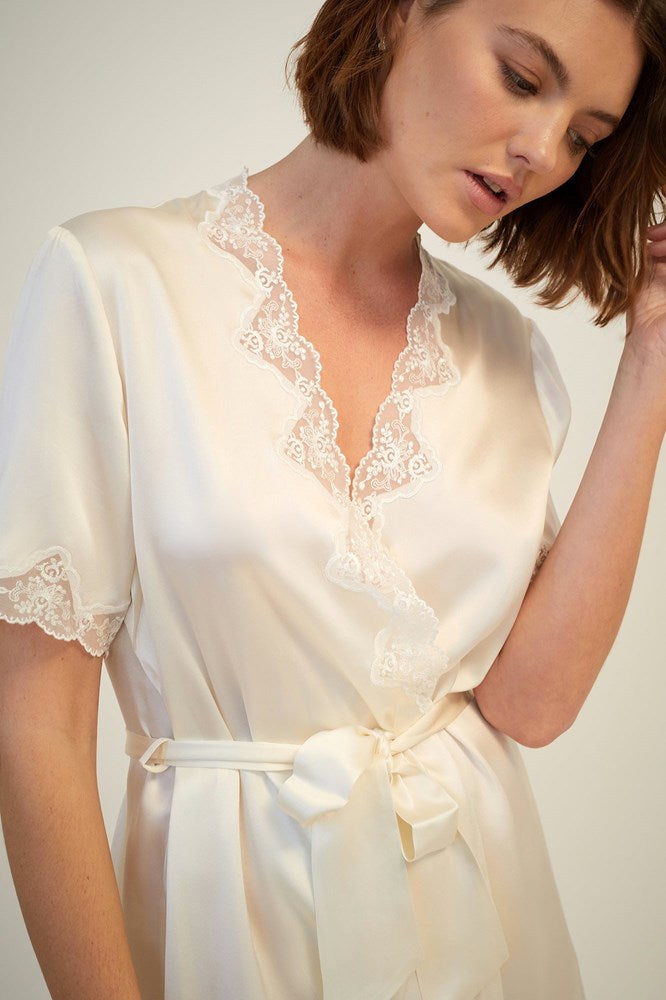 The Silk Short Wrap Gown with Lace Trim By GINIA In Creme
