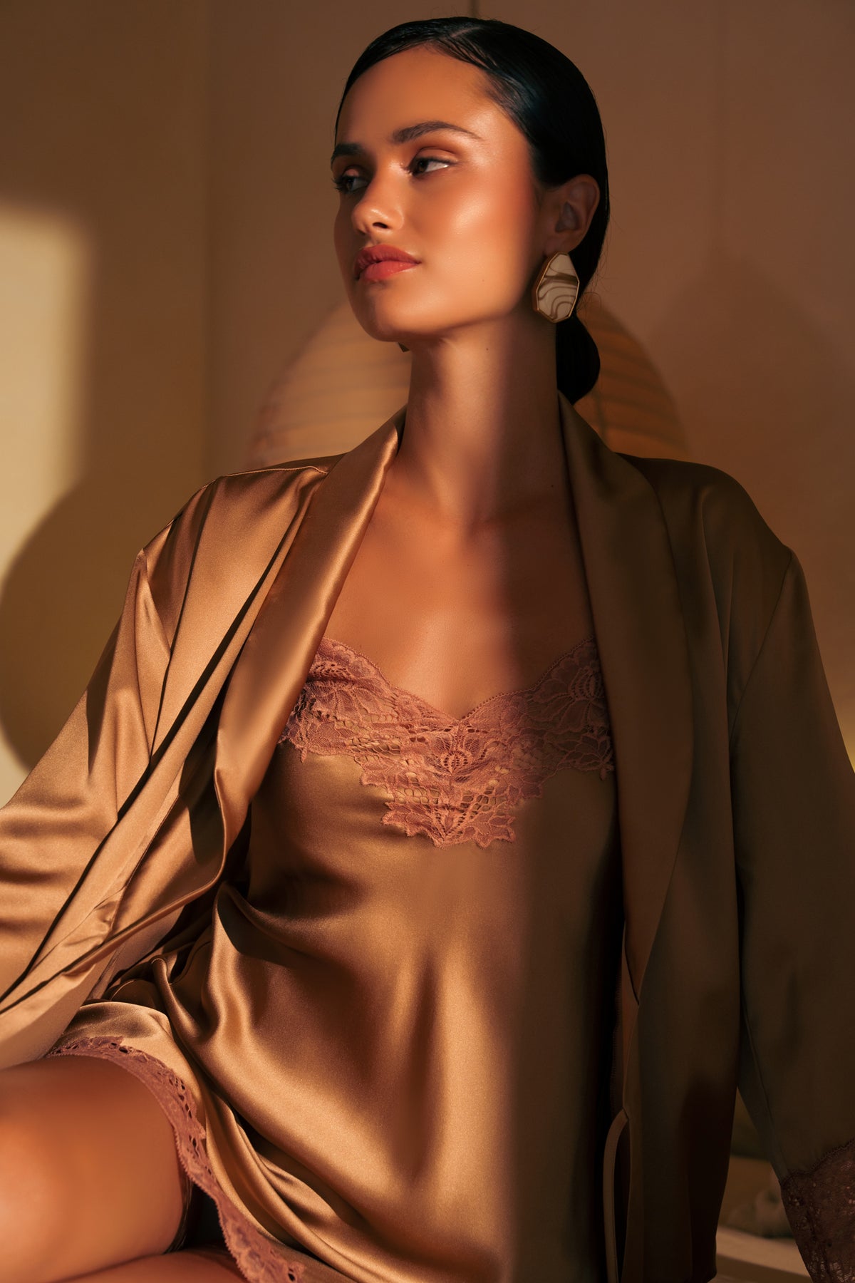 The Silk Lace chemise by Ginia in Mocha Mousse
