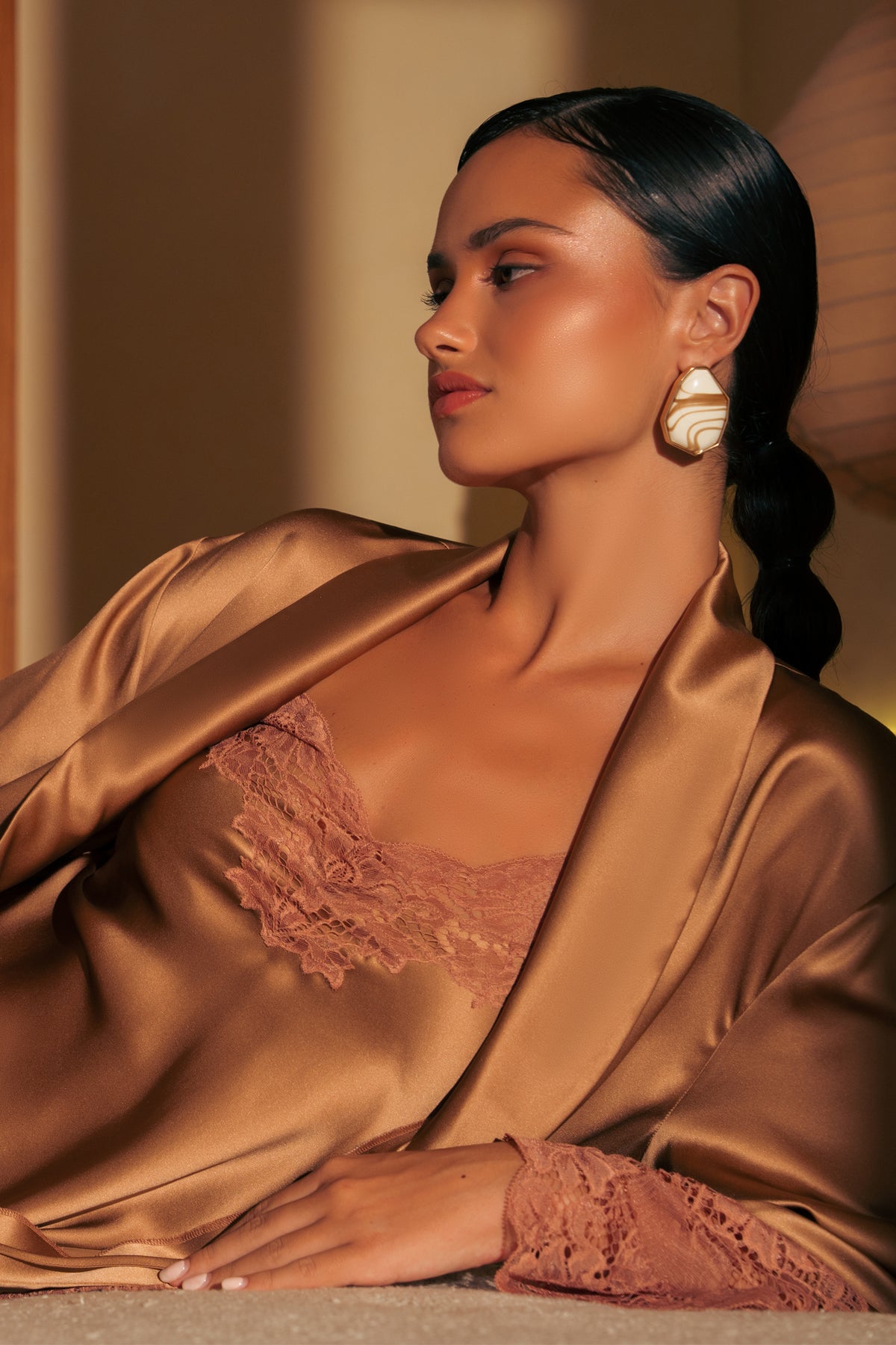 The Silk Lace slip by Ginia in Mocha Mousse