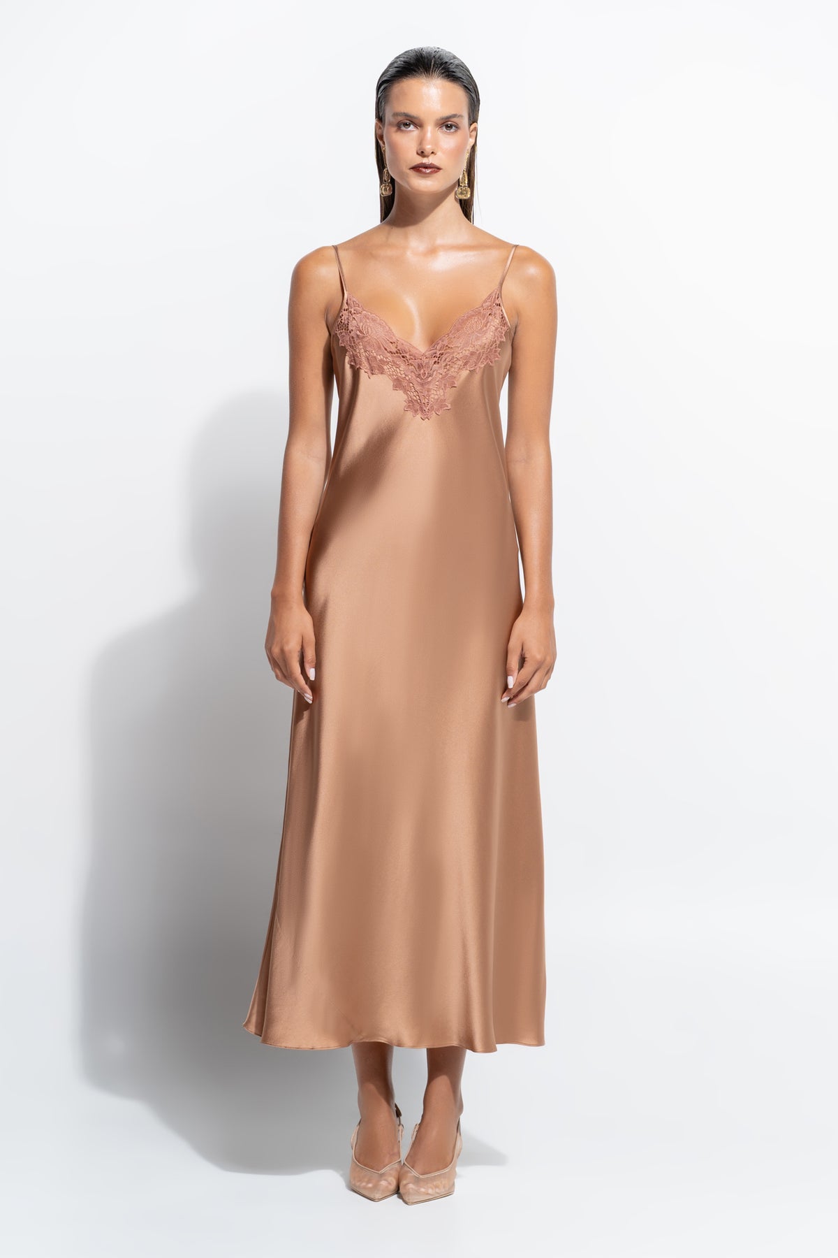 The Silk Lace slip by Ginia in Mocha Mousse