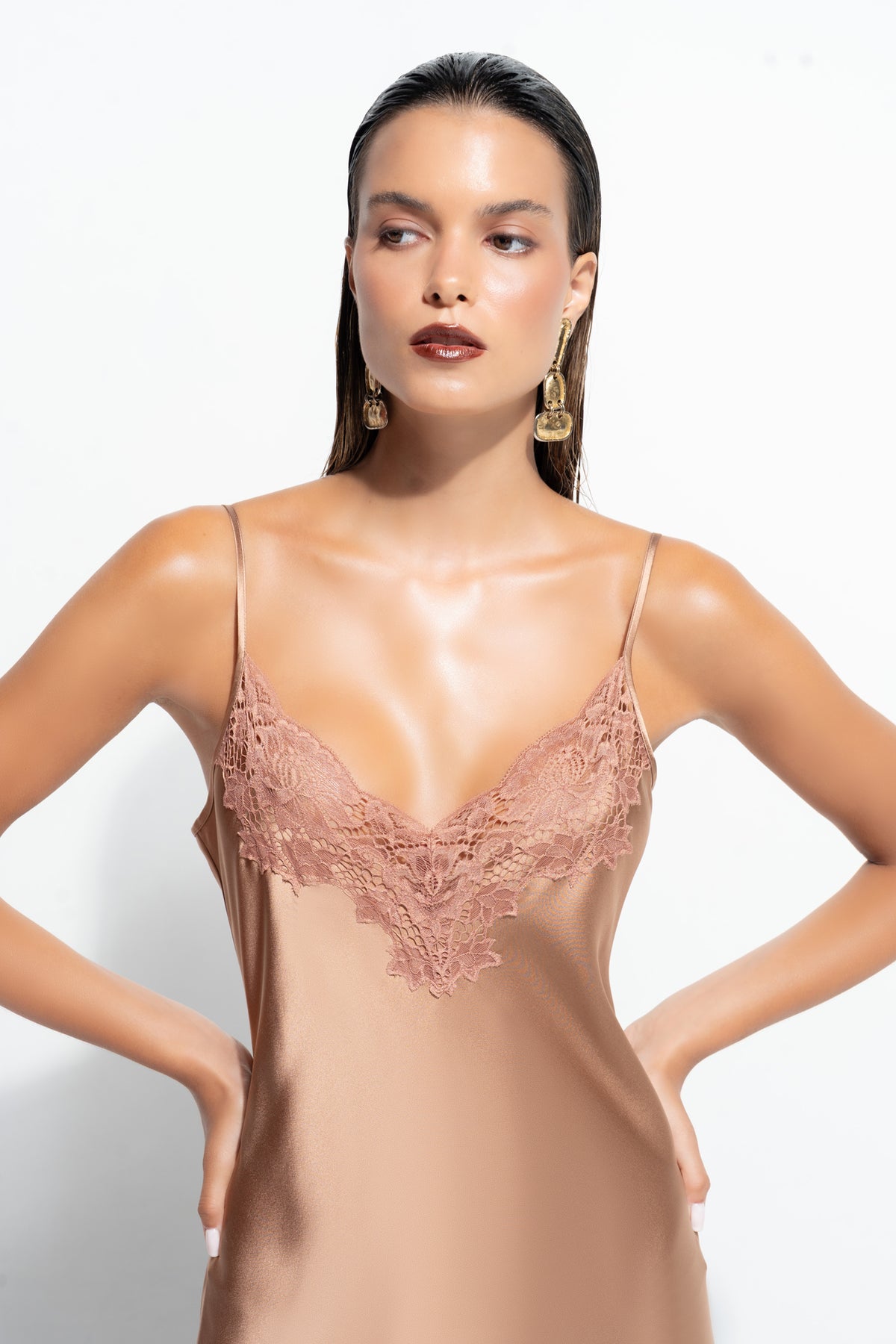 The Silk Lace slip by Ginia in Mocha Mousse