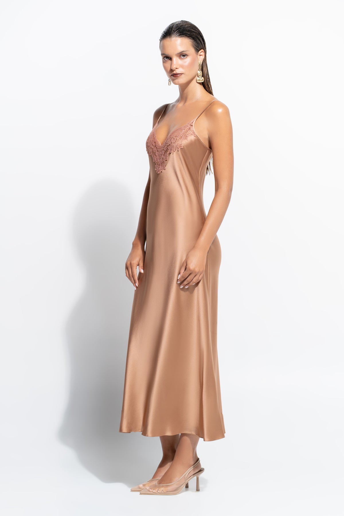 The Silk Lace slip by Ginia in Mocha Mousse