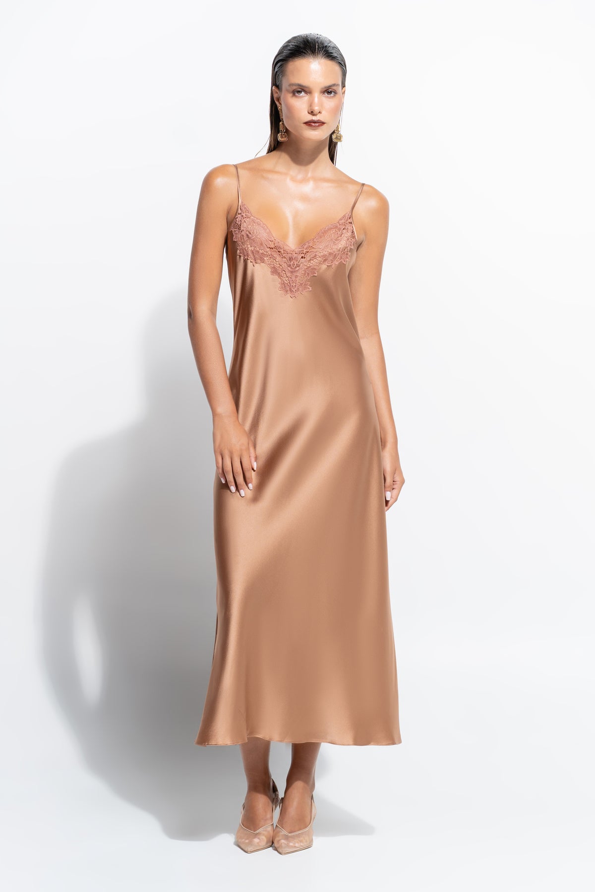 The Silk Lace slip by Ginia in Mocha Mousse