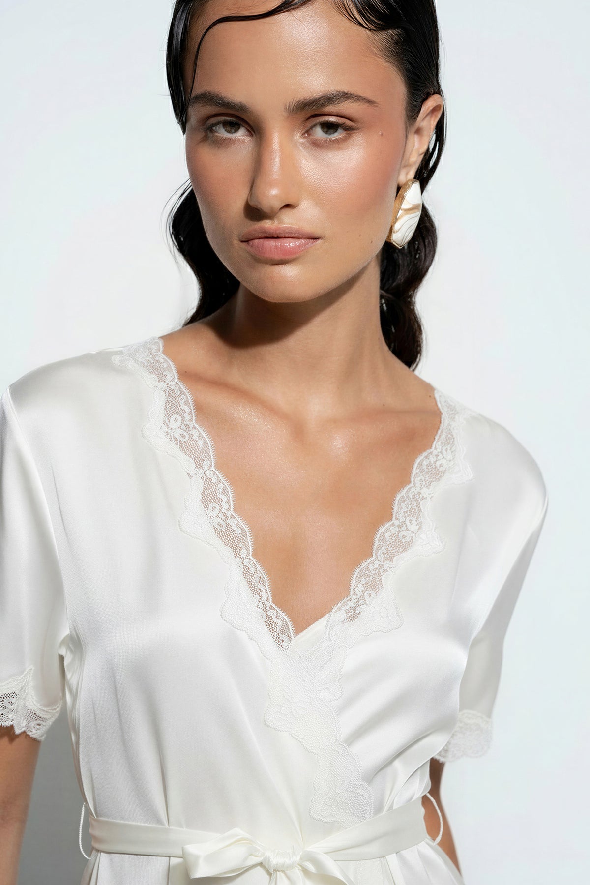 Silk Short Wrap Gown with Lace Trim