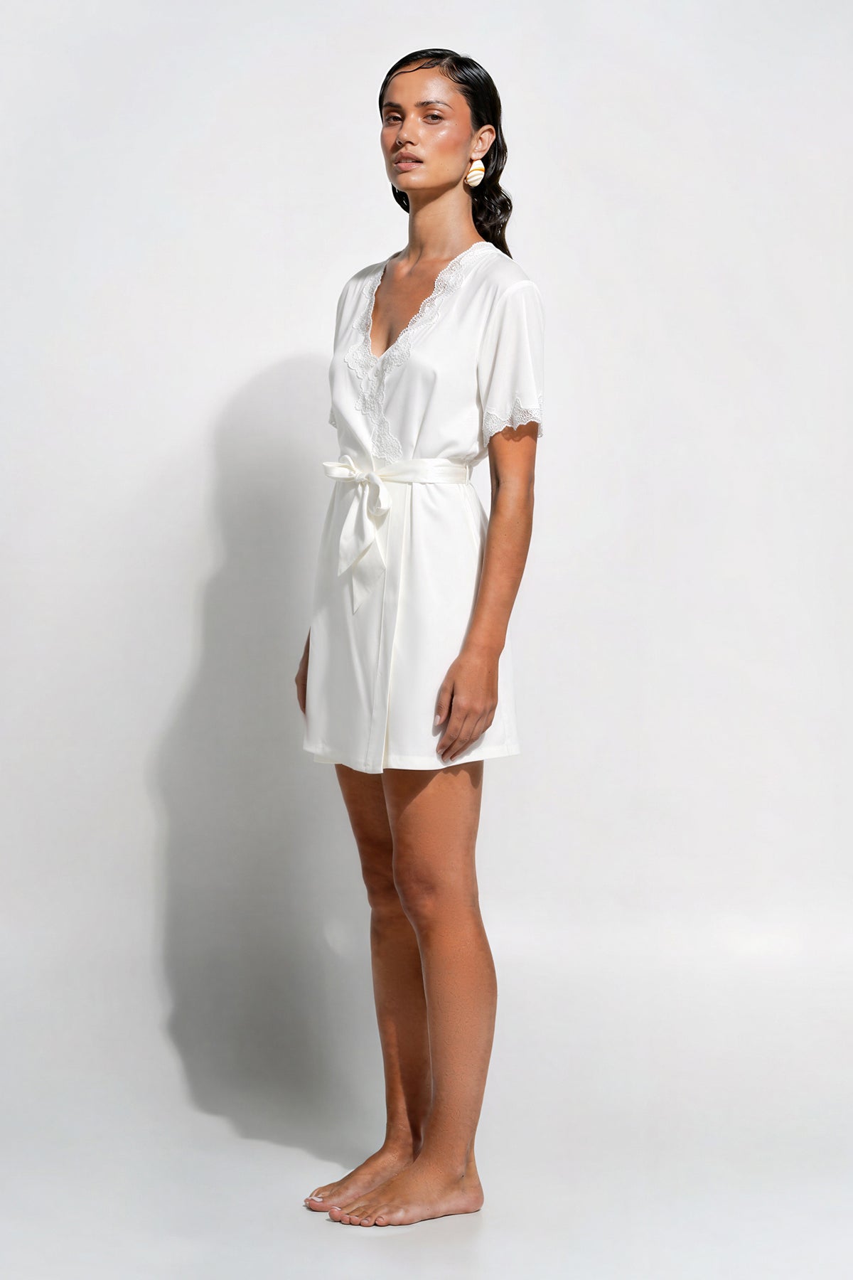Silk Short Wrap Gown with Lace Trim