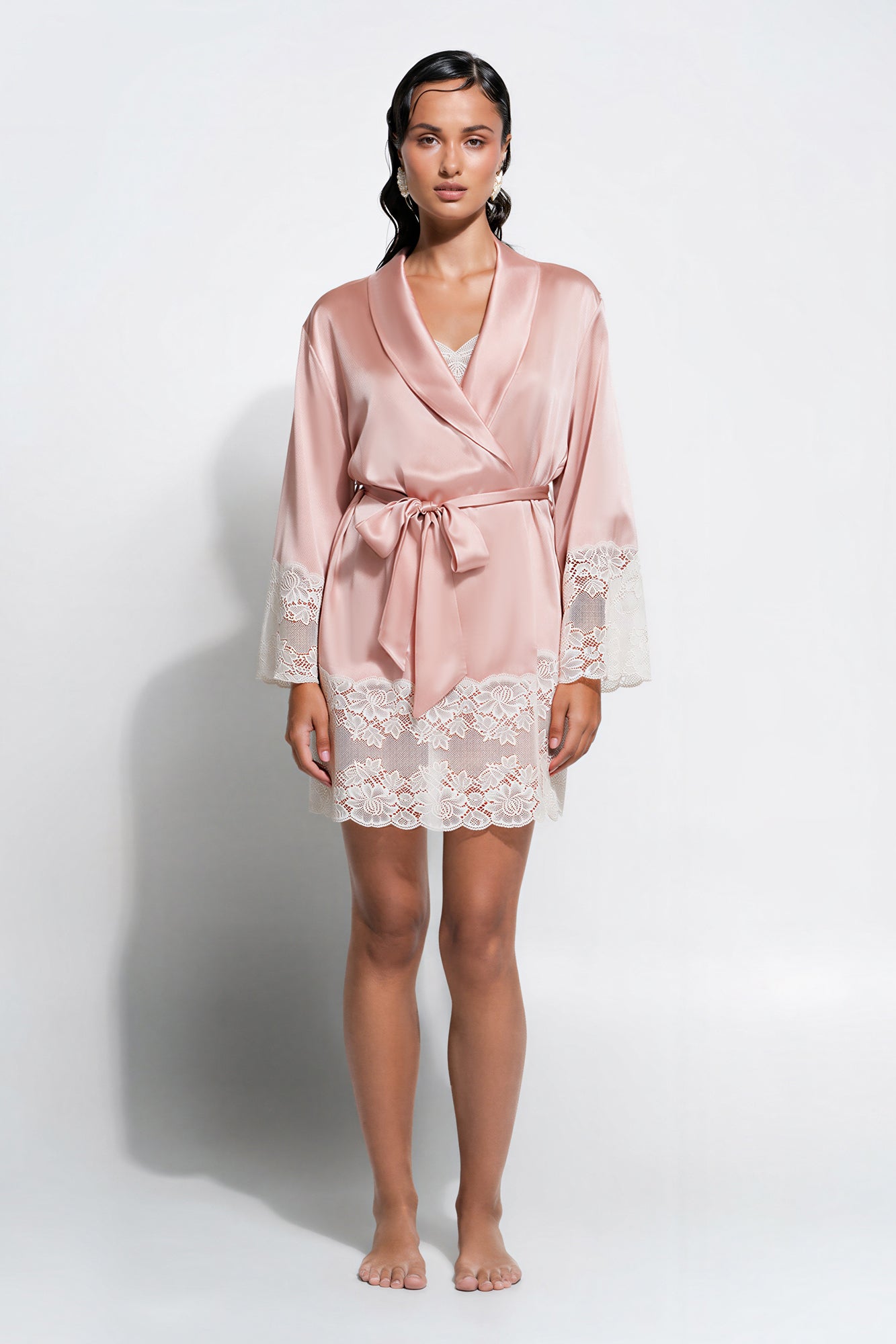 The Silk Lace Robe By GINIA In Bridal Rose