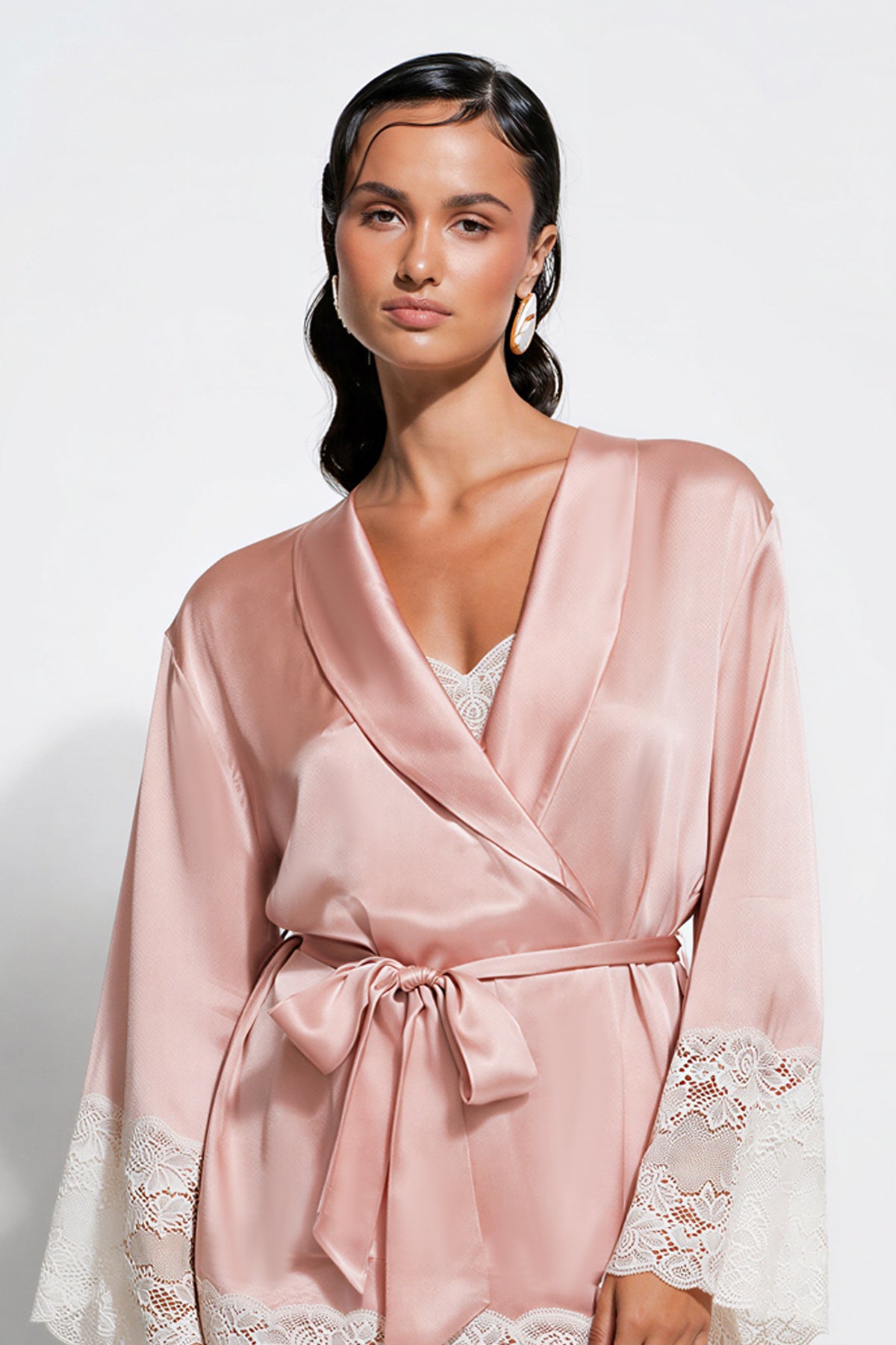The Silk Lace Robe By GINIA In Bridal Rose