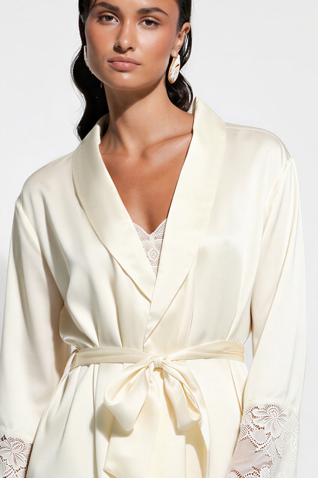 The Silk Lace Robe By GINIA In Creme