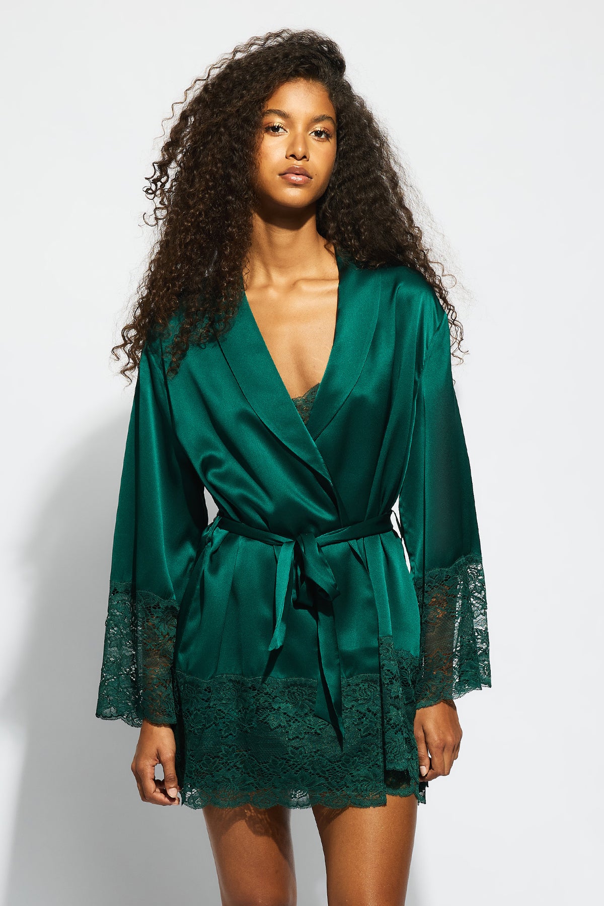 The Silk Lace Robe By GINIA In Emerald