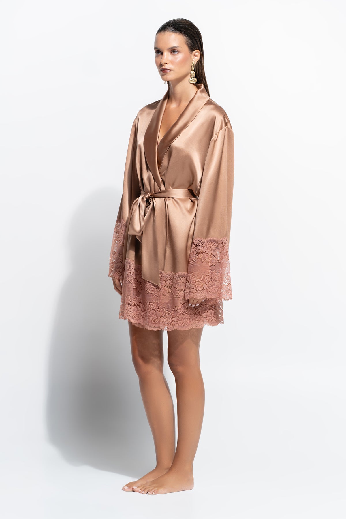 The Silk Lace robe by Ginia in Mocha Mousse