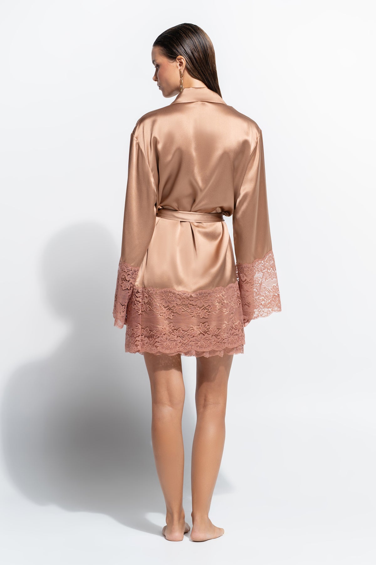 The Silk Lace robe by Ginia in Mocha Mousse