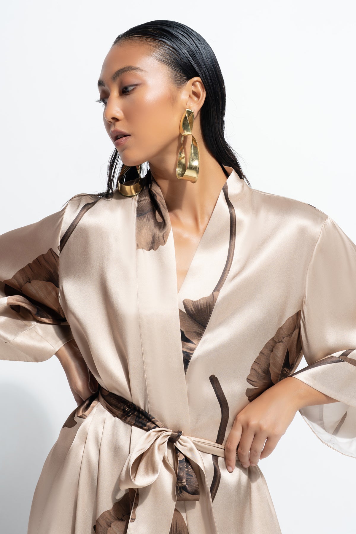 The Silk Long Robe by Ginia in Bloom Print