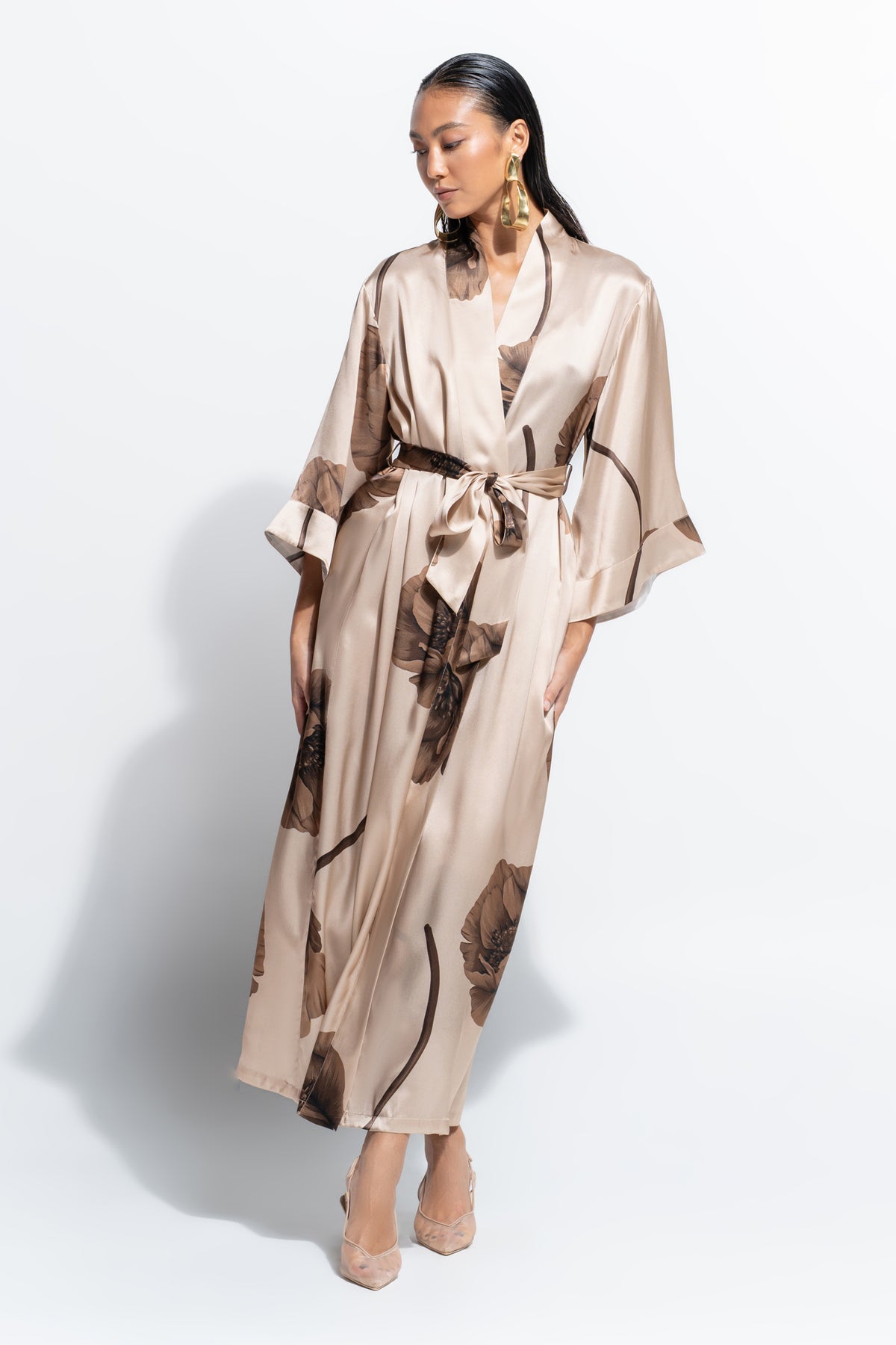 The Silk Long Robe by Ginia in Bloom Print