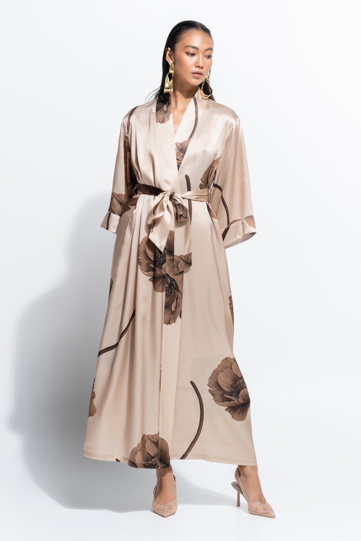 The Silk Long Robe by Ginia in Bloom Print