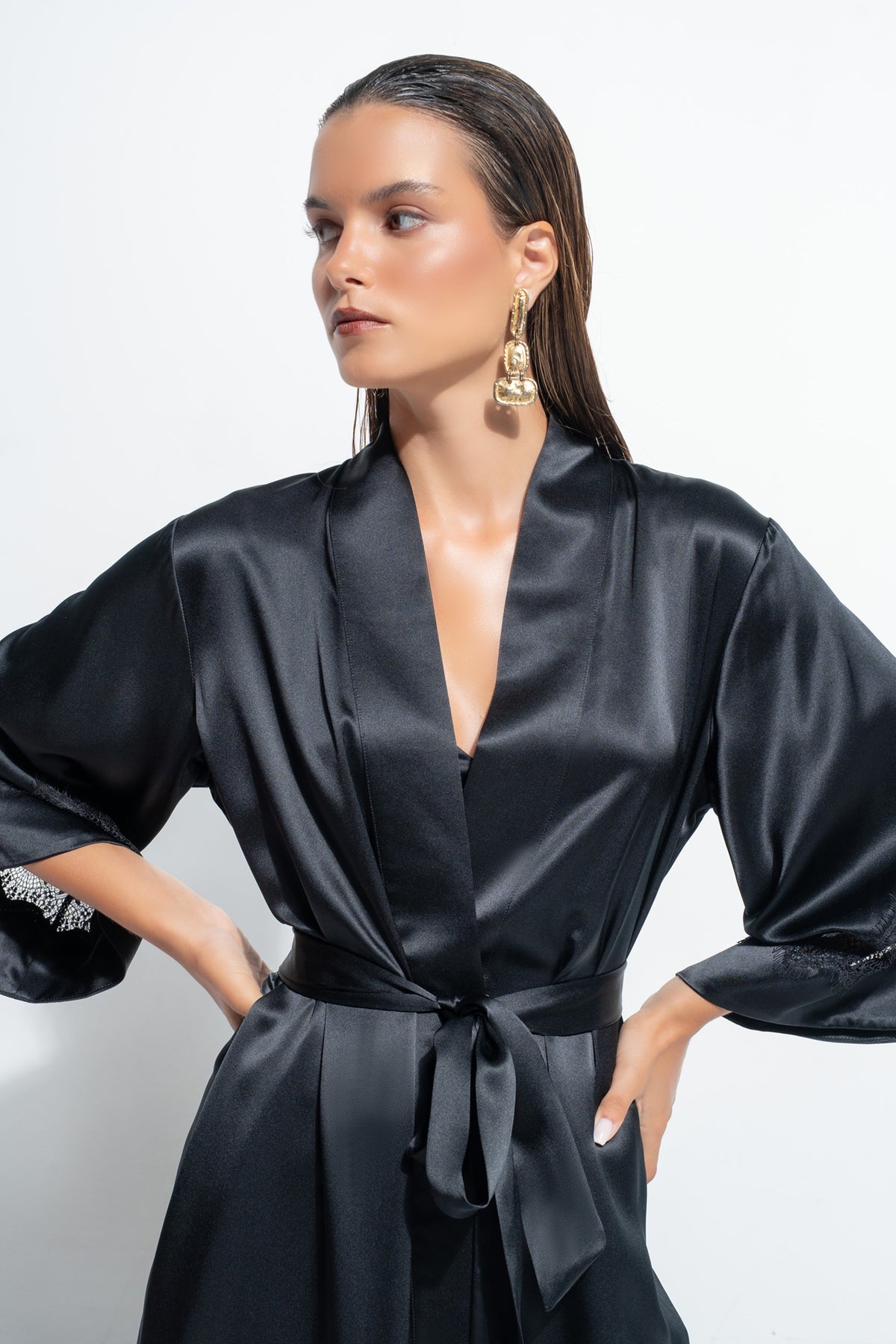 The Gigi Long  Robe by Ginia in Black 