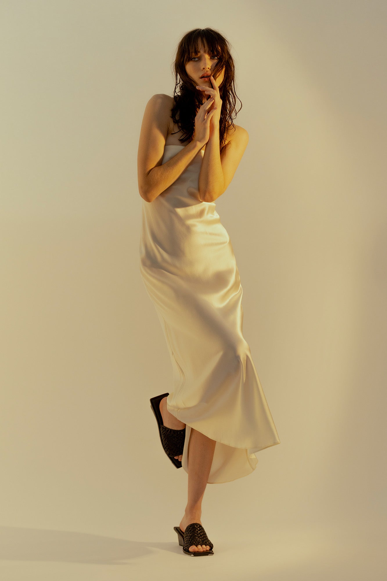 Strapless Bias Midi Dress in Buttercream | GINIA - GINIA Strapless Bias Midi Dress in Buttercream | GINIA - GINIA