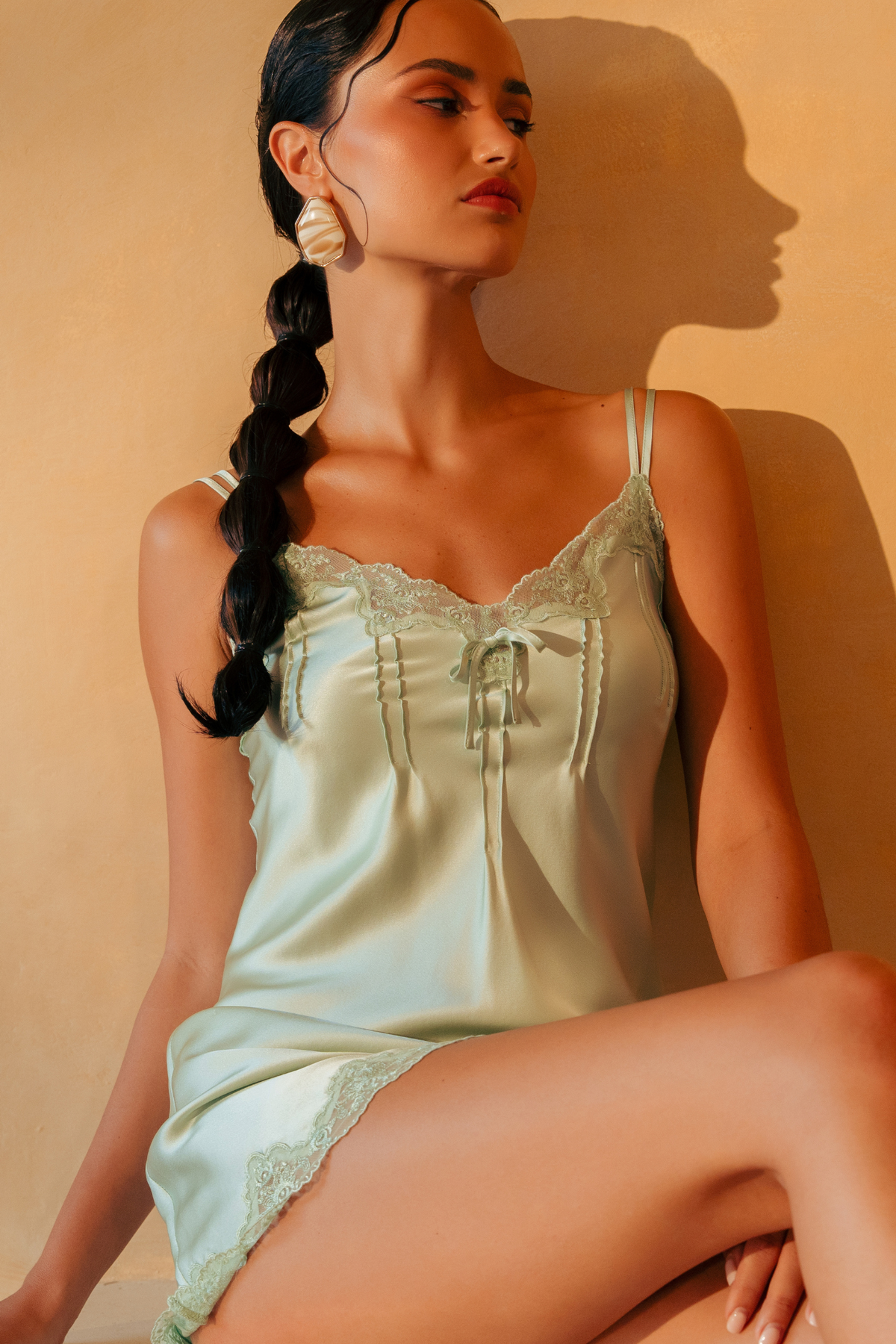 The Silk Pintuck Chemise by Ginia in Matcha