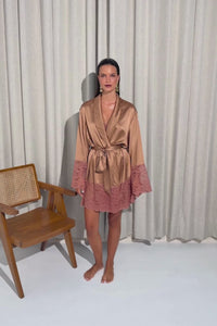 The Silk Lace robe by Ginia in Mocha Mousse