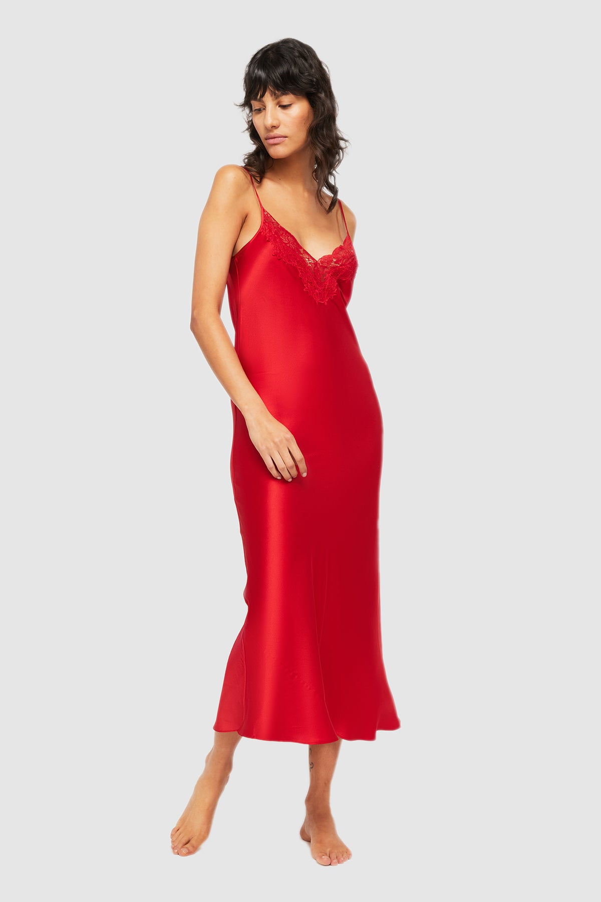 GINIA Silk Lace Slip in Red Chili 19 Momme Silk