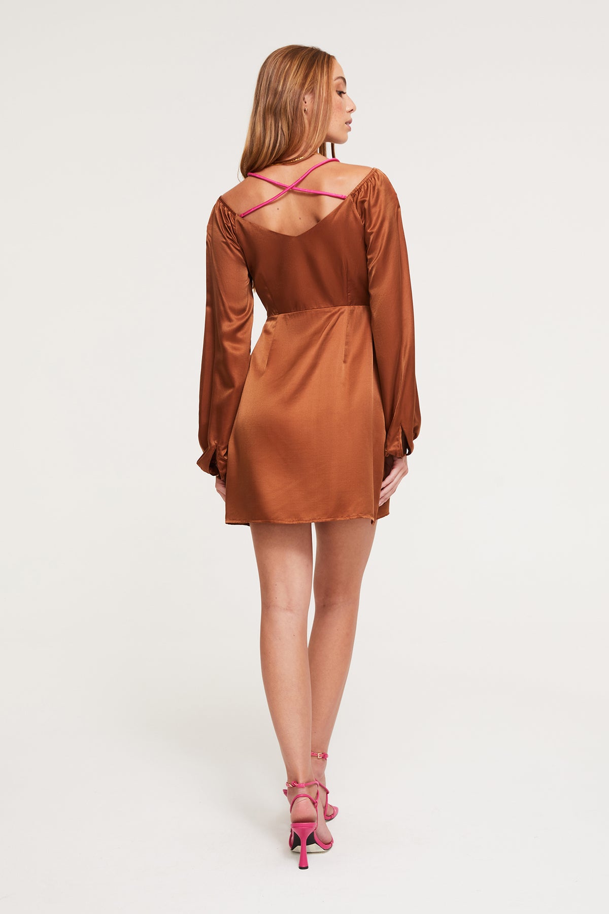 GINIA Selena Long Sleeve Dress  in Chocolate/Fuchsia - 25% Silk, 75% Linen